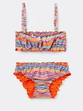 Calzedonia Girls' Multicolor Striped Bikini Set with Orange Ruffle Accents NWT